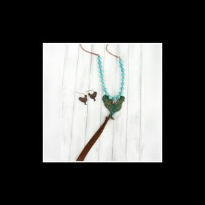 Turquoise Leather Rooster Tassel Beaded Set